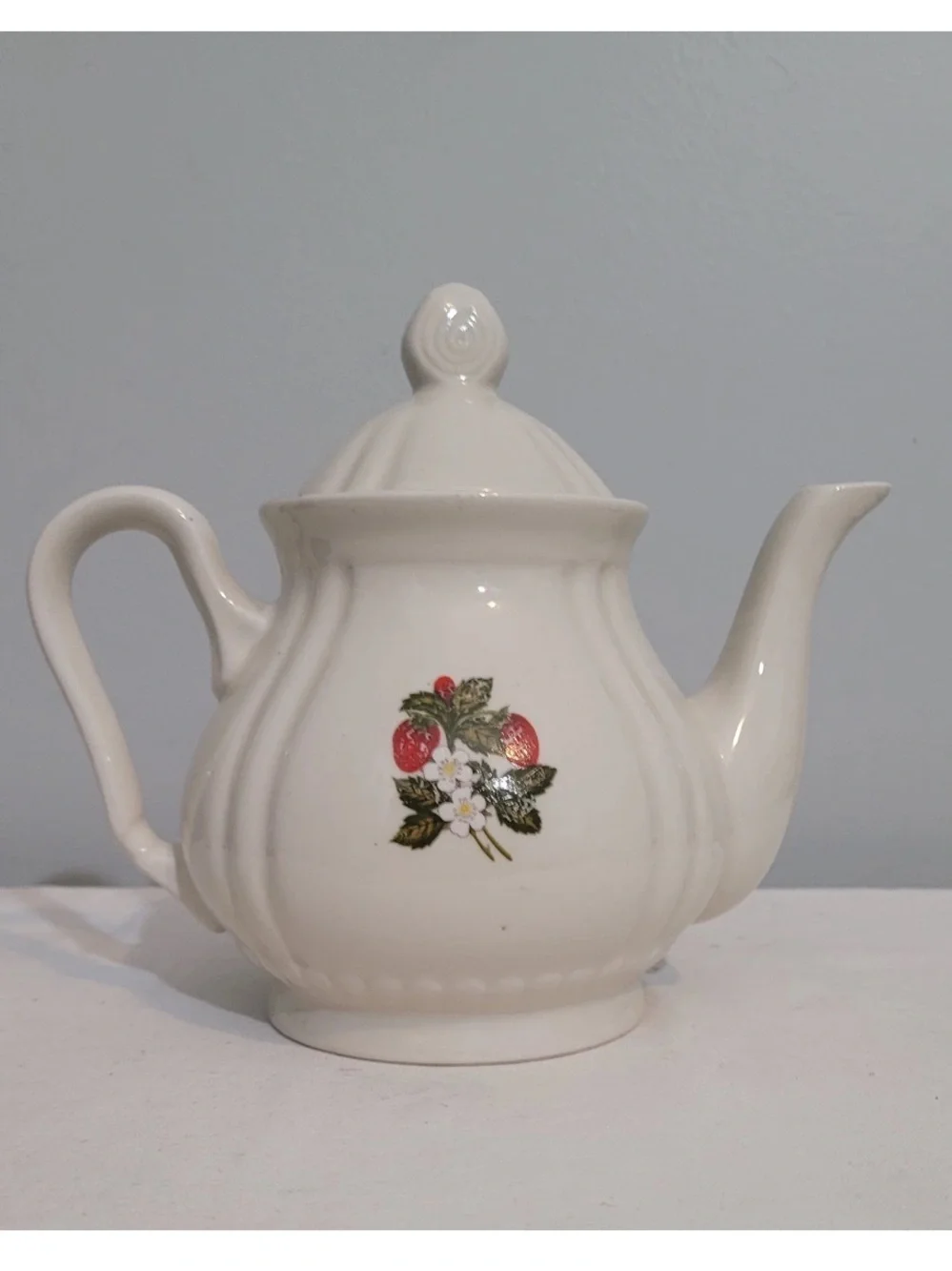 Strawberry Floral Ceramic Teapot With Lid White Small Cottagecore